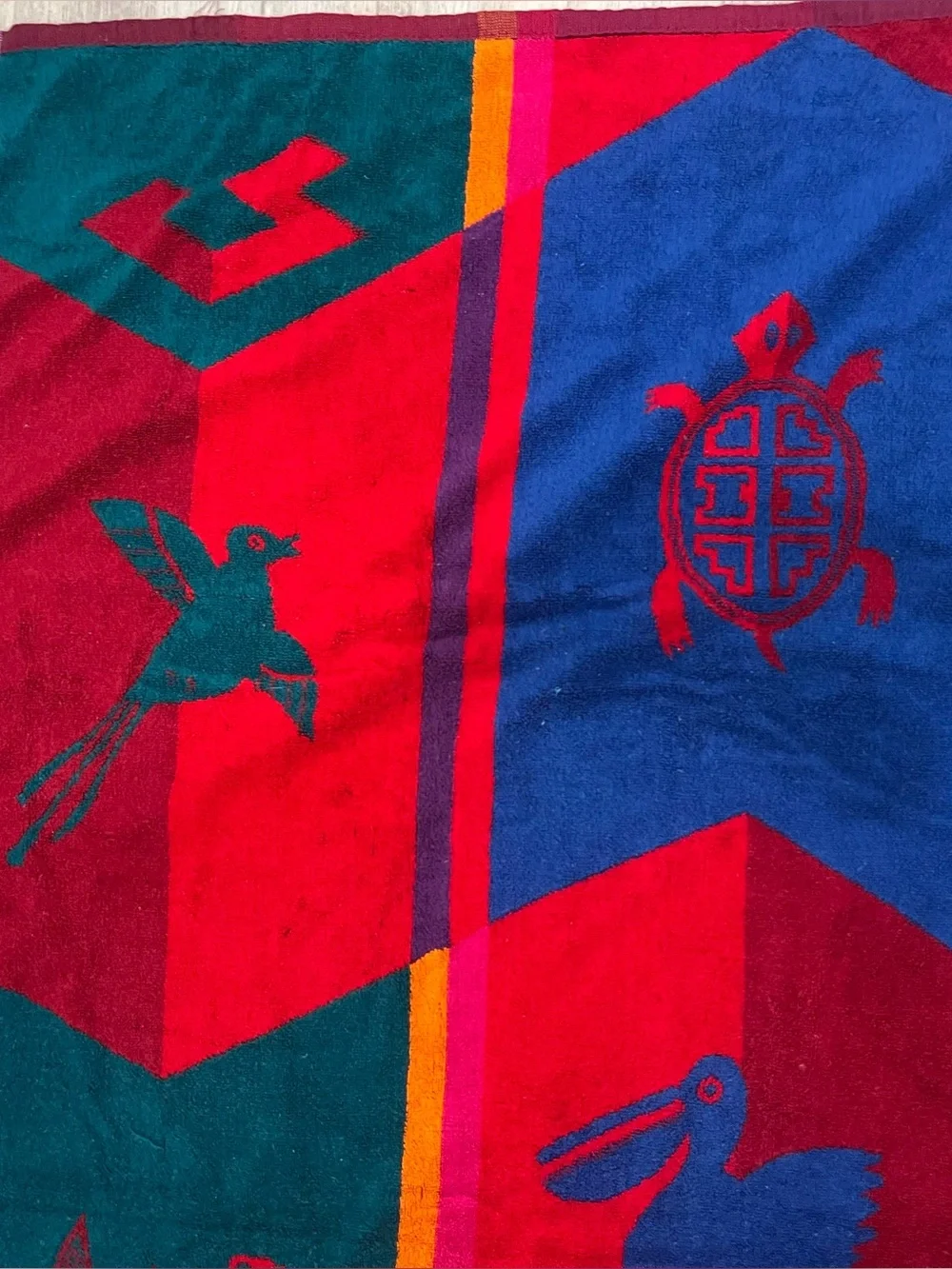 VTG Royal Terry Red Beach Towel Gecko Turtle Aztec Cotton 58x16